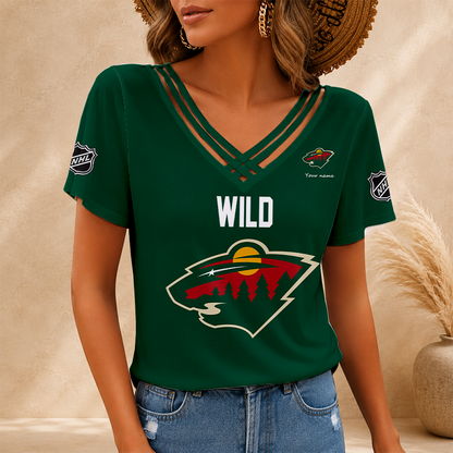 [SUPER SALE] NEW CUSTOMIZED NHL13 MNW MINNESOTA WILD V-NECK SHIRT