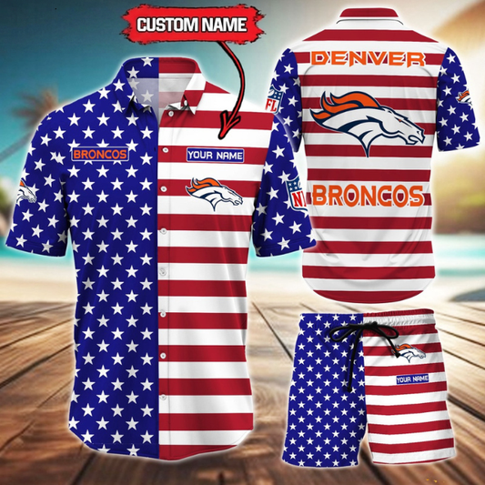 ELITE EDITION  - NEW CUSTOMIZED NFL13 DVB DENVER BRONCOS UNISEX INDEPENDENCE DAY HAWAIIAN SHIRT & SHORTS SET