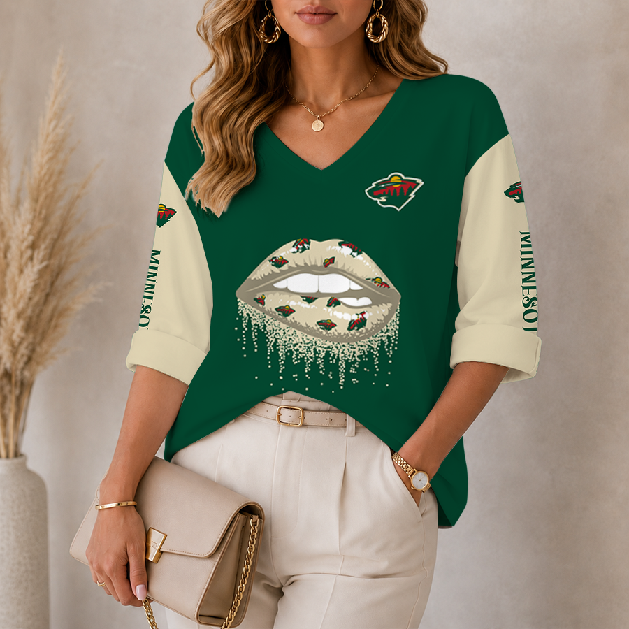 [SUPER SALE] NEW CUSTOMIZED NHL13 MNW MINNESOTA WILD WOMEN'S HEART V-NECK LONG SLEEVE SHIRT