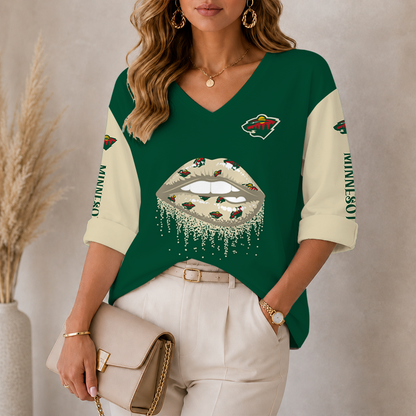 [SUPER SALE] NEW CUSTOMIZED NHL13 MNW MINNESOTA WILD WOMEN'S HEART V-NECK LONG SLEEVE SHIRT