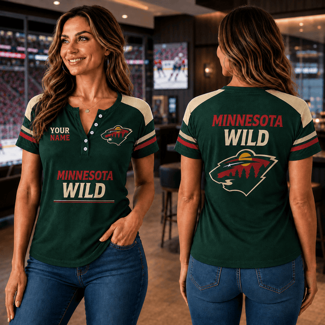 SPECIAL EDITION - NEW CUSTOMIZED NHL13 MNW MINNESOTA WILD WOMEN'S SHORT SLEEVE HENLEY T-SHIRT