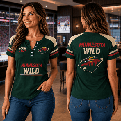 SPECIAL EDITION - NEW CUSTOMIZED NHL13 MNW MINNESOTA WILD WOMEN'S SHORT SLEEVE HENLEY T-SHIRT