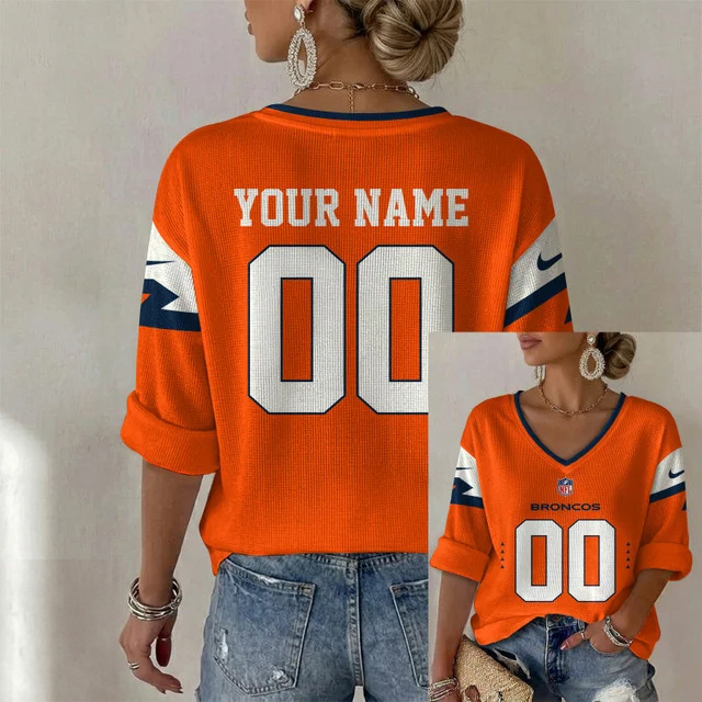 ELITE EDITION - NEW CUSTOMIZED NFL13 DVB DENVER BRONCOS WOMEN'S HEART V-NECK LONG SLEEVE SHIRT