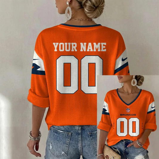 ELITE EDITION - NEW CUSTOMIZED NFL13 DVB DENVER BRONCOS WOMEN'S HEART V-NECK LONG SLEEVE SHIRT