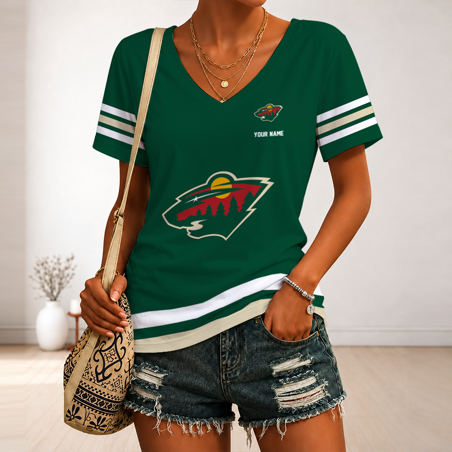 [SUPER SALE] NEW CUSTOMIZED NHL13 MNW MINNESOTA WILD V-NECK FEMALE SHIRT