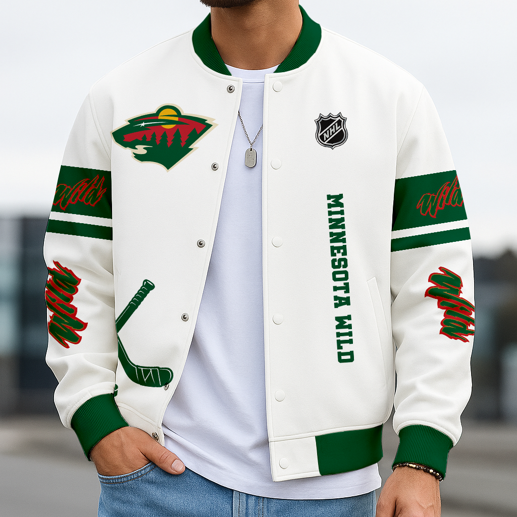LIMITED EDITION - NEW CUSTOMIZED NHL13 MNW MINNESOTA WILD BASEBALL JACKET, SATIN VARSITY JACKET