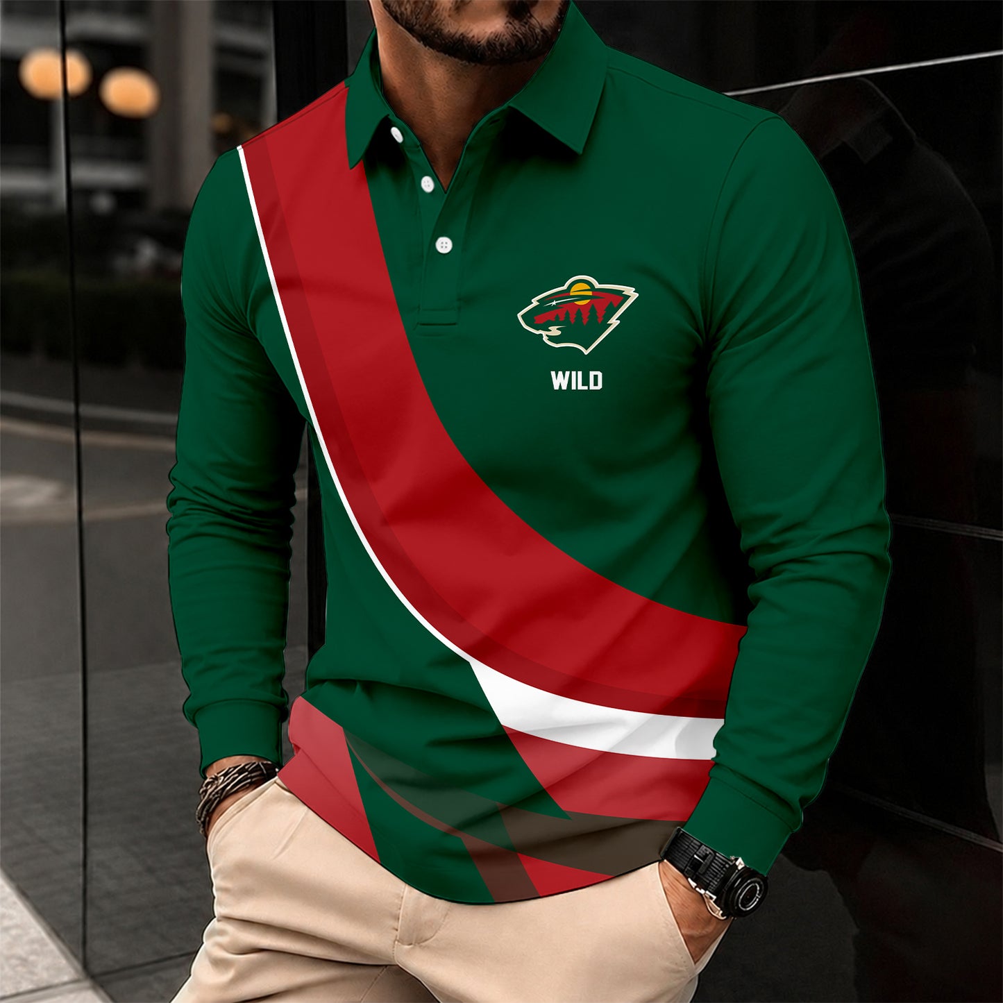 [SUPER SALE] NEW CUSTOMIZED NHL13 MNW MINNESOTA WILD MEN LONG SLEEVE POLO