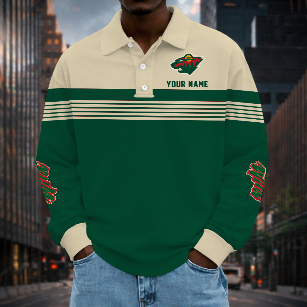 SPECIAL EDITION - NEW CUSTOMIZED NHL13 MNW MINNESOTA WILD MEN LONG SLEEVE POLO