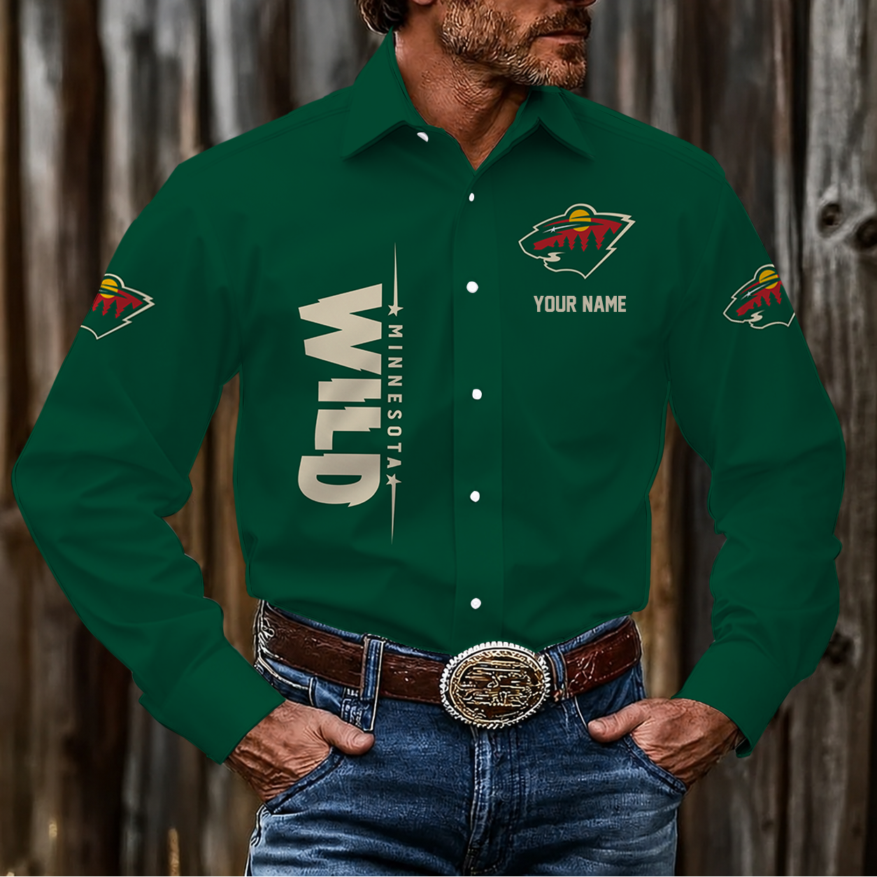 LIMITED EDITION - NEW CUSTOMIZED NHL13 MNW MINNESOTA WILD MEN'S LONG SLEEVE BUTTON-UP SHIRT
