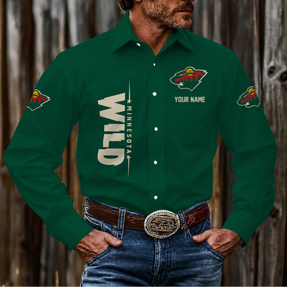 LIMITED EDITION - NEW CUSTOMIZED NHL13 MNW MINNESOTA WILD MEN'S LONG SLEEVE BUTTON-UP SHIRT