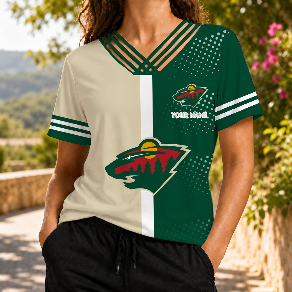 ELITE EDITION - NEW CUSTOMIZED NHL13 MNW MINNESOTA WILD V-NECK SHIRT