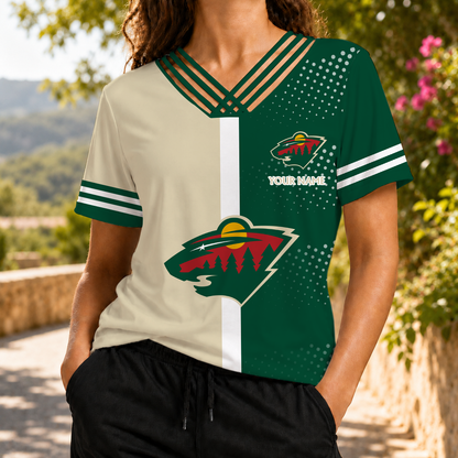 ELITE EDITION - NEW CUSTOMIZED NHL13 MNW MINNESOTA WILD V-NECK SHIRT