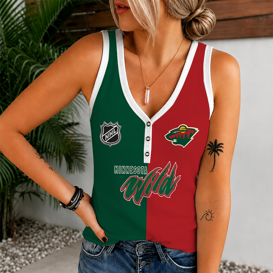 [SUPER SALE] NEW CUSTOMIZED NHL13 MNW MINNESOTA WILD WOMEN'S V-NECK TANK TOP