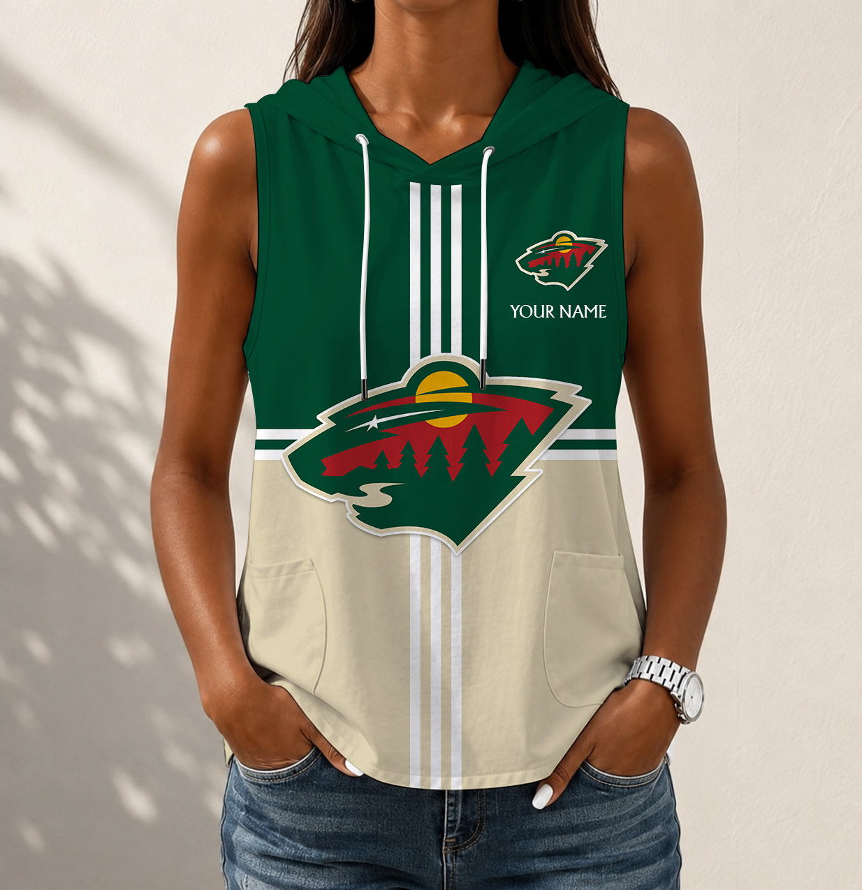 VIRAL EDITION - NEW CUSTOMIZED NHL13 MNW MINNESOTA WILD WOMEN'S SLEEVELESS HOODED POCKET TANK TOP