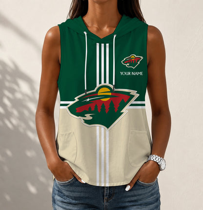 VIRAL EDITION - NEW CUSTOMIZED NHL13 MNW MINNESOTA WILD WOMEN'S SLEEVELESS HOODED POCKET TANK TOP