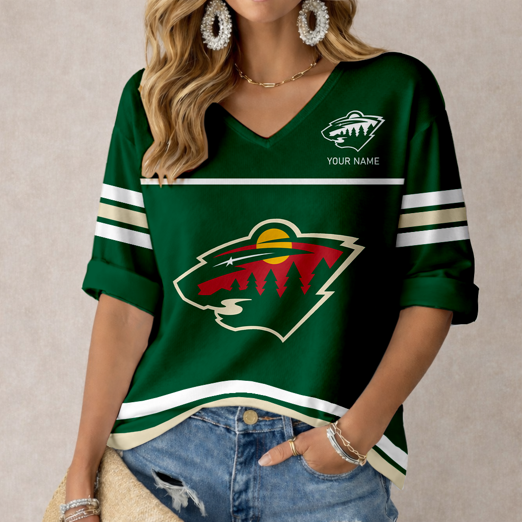 LIMITED EDITION - NEW CUSTOMIZED NHL13 MNW MINNESOTA WILD WOMEN'S HEART V-NECK LONG SLEEVE SHIRT