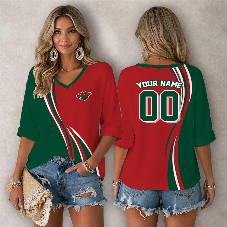 LIMITED EDITION - NEW CUSTOMIZED NHL13 MNW MINNESOTA WILD WOMEN'S HEART V-NECK LONG SLEEVE SHIRT