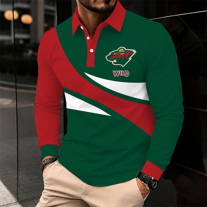 [SUPER SALE] NEW CUSTOMIZED NHL13 MNW MINNESOTA WILD MEN LONG SLEEVE POLO