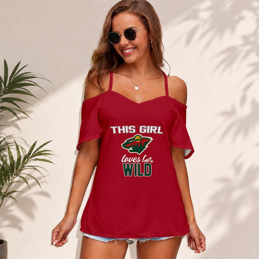 [SUPER SALE] NEW CUSTOMIZED NHL13 MNW MINNESOTA WILD WOMEN'S STRAPPY OFF-SHOULDER TOP