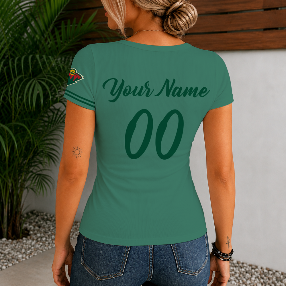 [SUPER SALE] NEW CUSTOMIZED NHL13 MNW MINNESOTA WILD WOMEN'S SHORT SLEEVE HENLEY T-SHIRT