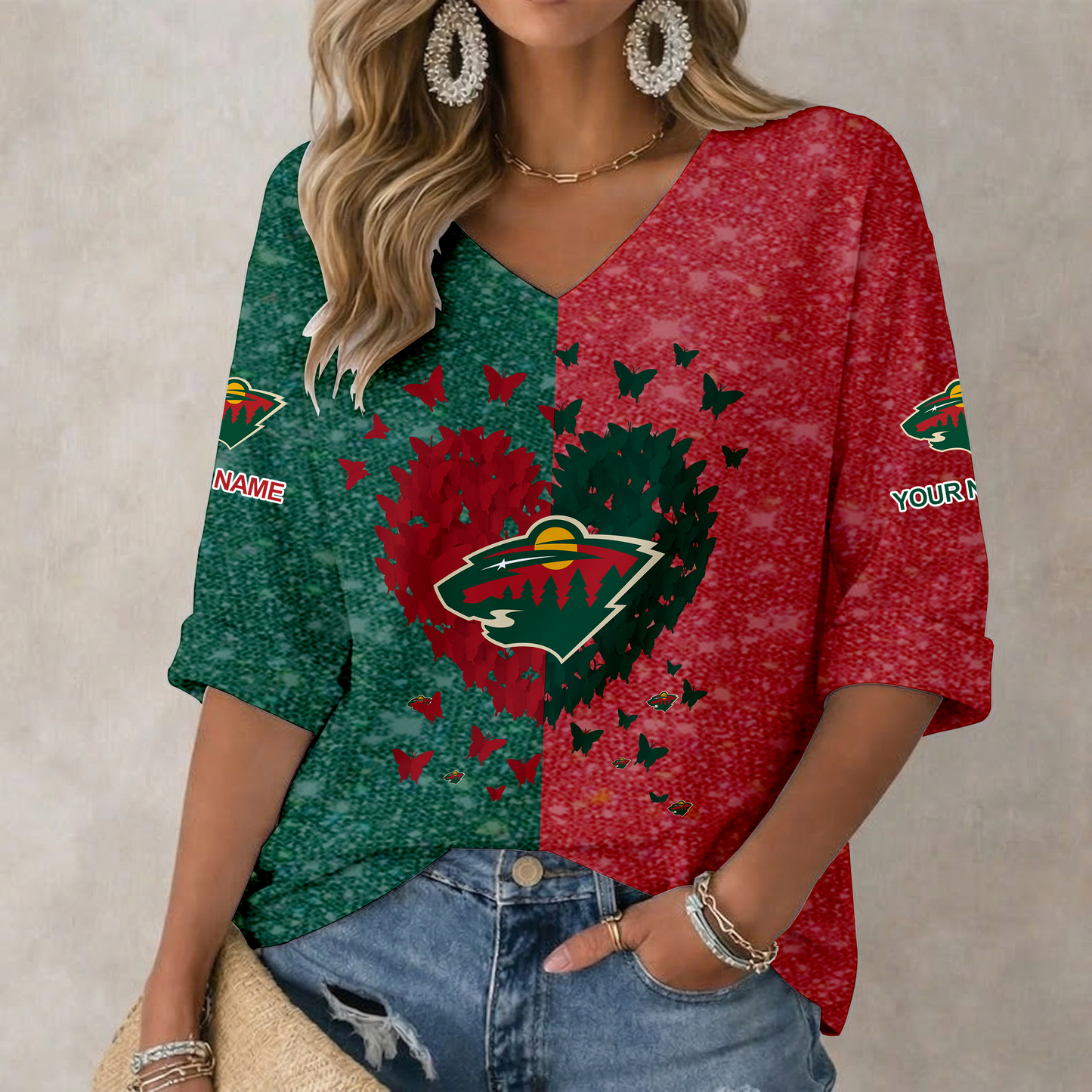 LIMITED EDITION - NEW CUSTOMIZED NHL13 MNW MINNESOTA WILD WOMEN'S HEART V-NECK LONG SLEEVE SHIRT