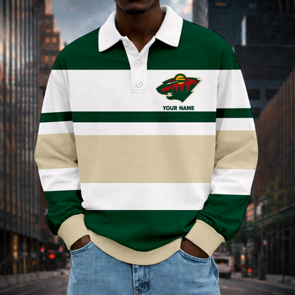 LIMITED EDITION - NEW CUSTOMIZED NHL13 MNW MINNESOTA WILD MEN LONG SLEEVE POLO