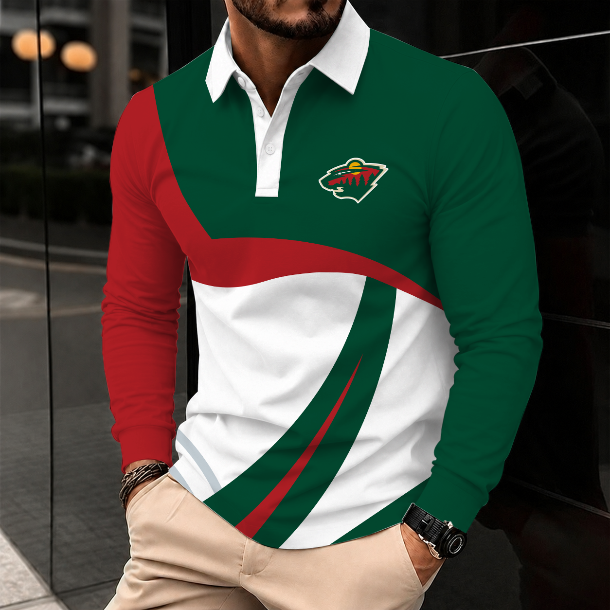 [SUPER SALE] NEW CUSTOMIZED NHL13 MNW MINNESOTA WILD MEN LONG SLEEVE POLO