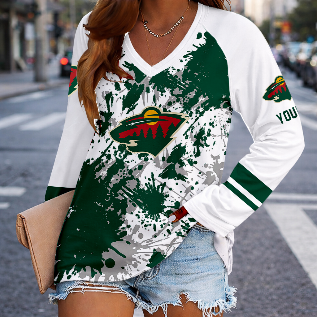 [SUPER SALE] NEW CUSTOMIZED NHL13 MNW MINNESOTA WILD WOMEN'S V-NECK LONG SLEEVED SHIRT