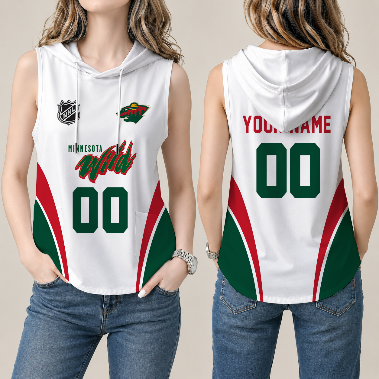 [SUPER SALE] NEW CUSTOMIZED NHL13 MNW MINNESOTA WILD WOMEN'S SLEEVELESS HOODED POCKET TANK TOP
