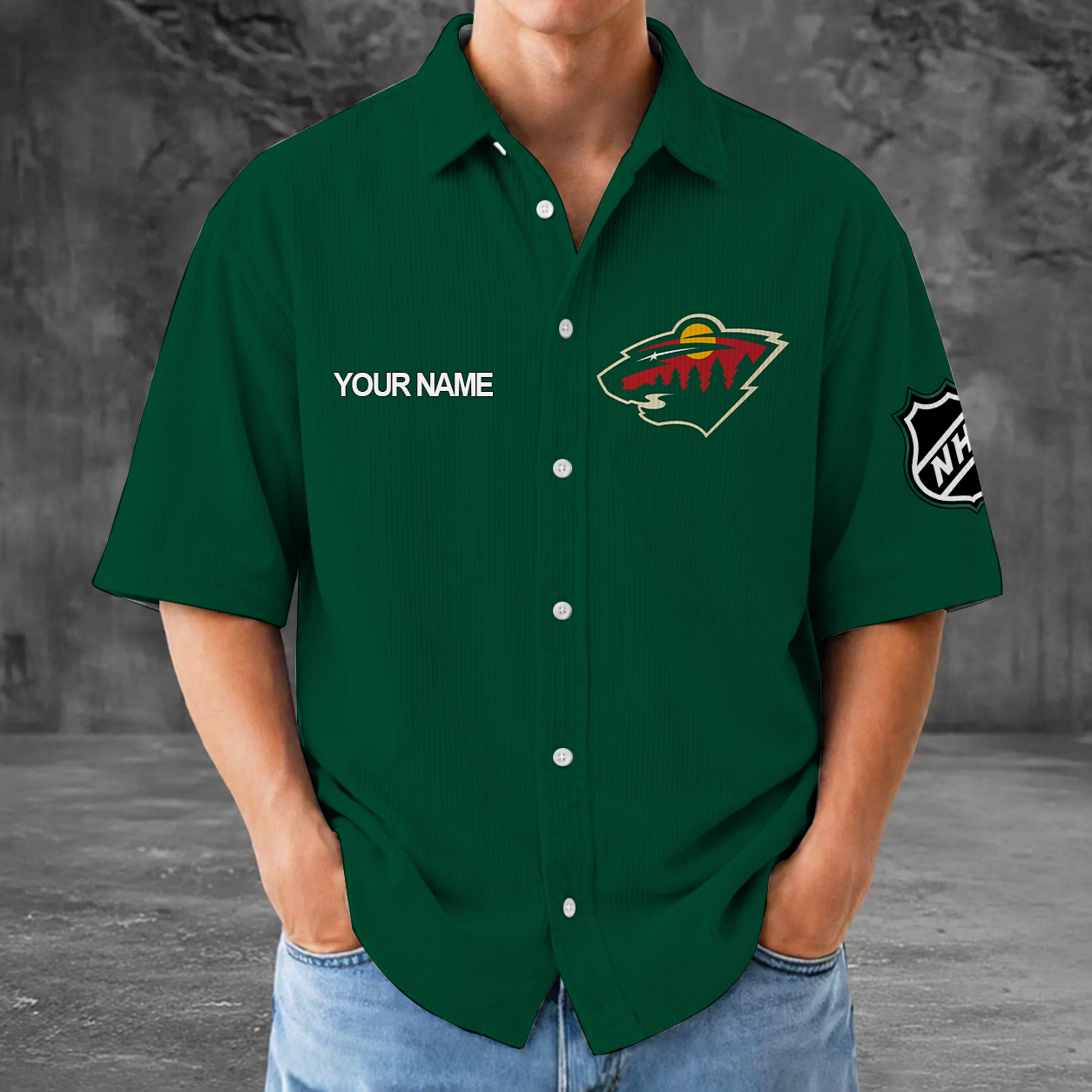 [SUPER SALE] NEW CUSTOMIZED NHL13 MNW MINNESOTA WILD SEERSUCKER BUTTON SHIRT
