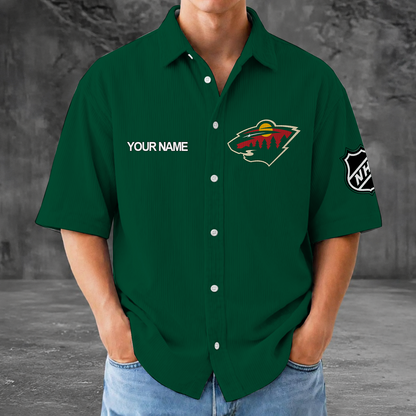 [SUPER SALE] NEW CUSTOMIZED NHL13 MNW MINNESOTA WILD SEERSUCKER BUTTON SHIRT