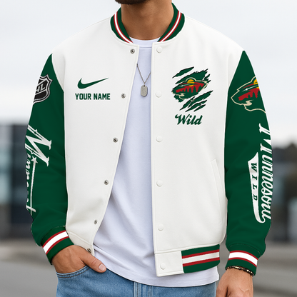 LIMITED EDITION - NEW CUSTOMIZED NHL13 MNW MINNESOTA WILD BASEBALL JACKET, SATIN VARSITY JACKET