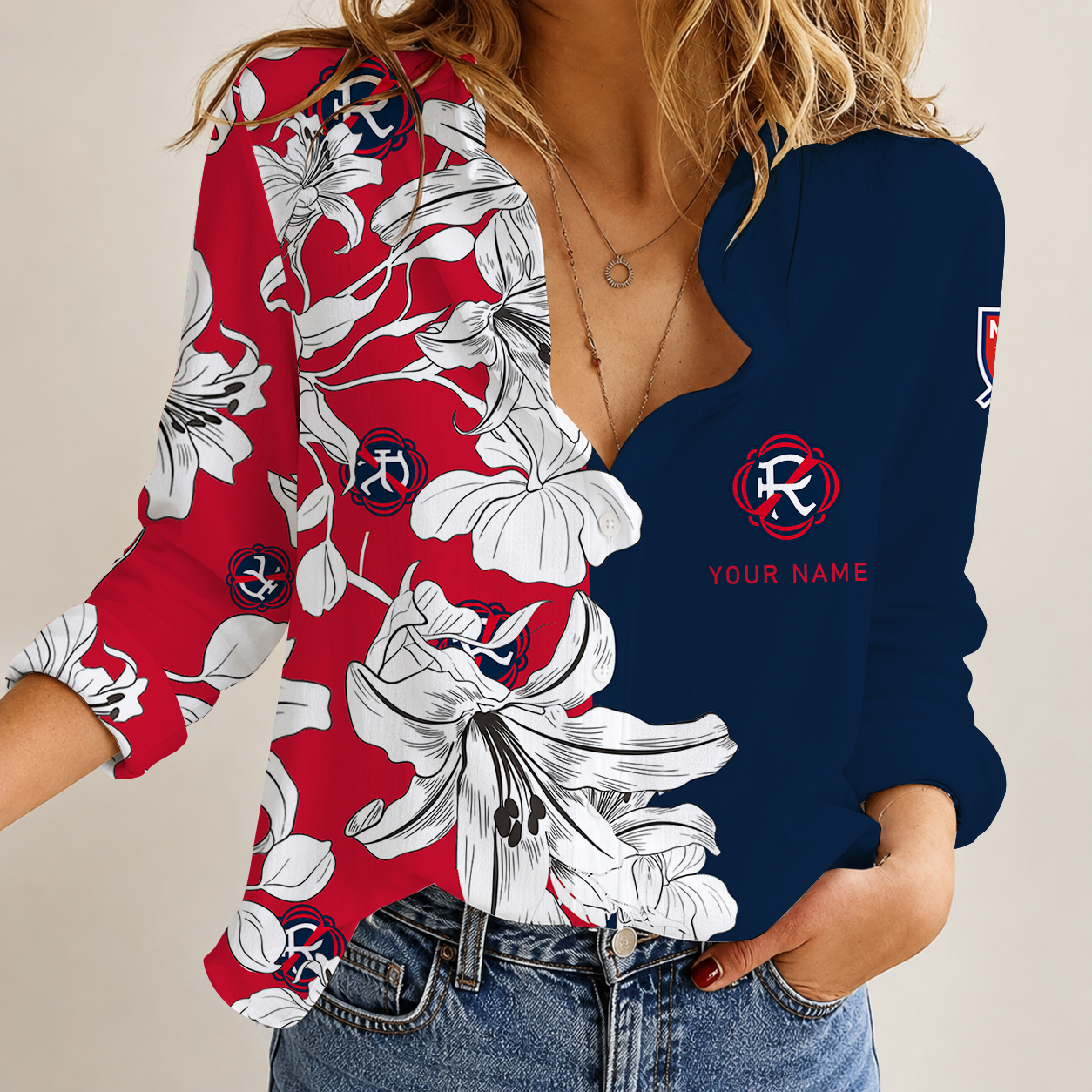 [FAN EXCLUSIVE] NEW CUSTOMIZED MLS13 NER NEW ENGLAND REVOLUTION WOMEN CASUAL SHIRT
