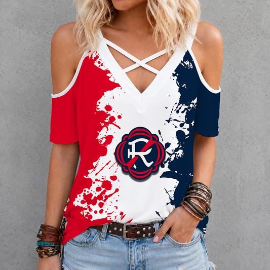 [FAN EXCLUSIVE] NEW CUSTOMIZED MLS13 NER NEW ENGLAND REVOLUTION CRISS CROSS V-NECK TOP