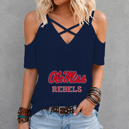 [FAN FAVORITE] NEW CUSTOMIZED NCAA CWS13 OMR OLE MISS REBELS CRISS CROSS V-NECK TOP