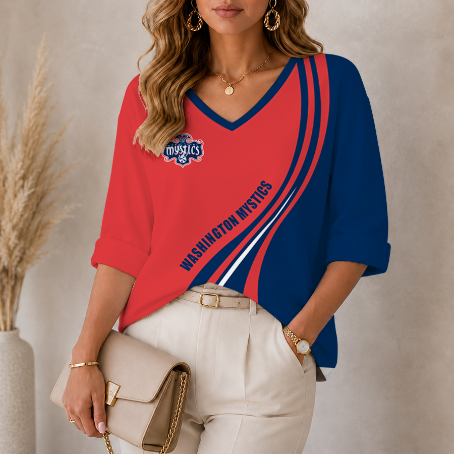 [FAN FAVORITE] NEW CUSTOMIZED WNBA13 WSM WASHINGTON MYSTICS WOMEN'S HEART V-NECK LONG SLEEVE SHIRT