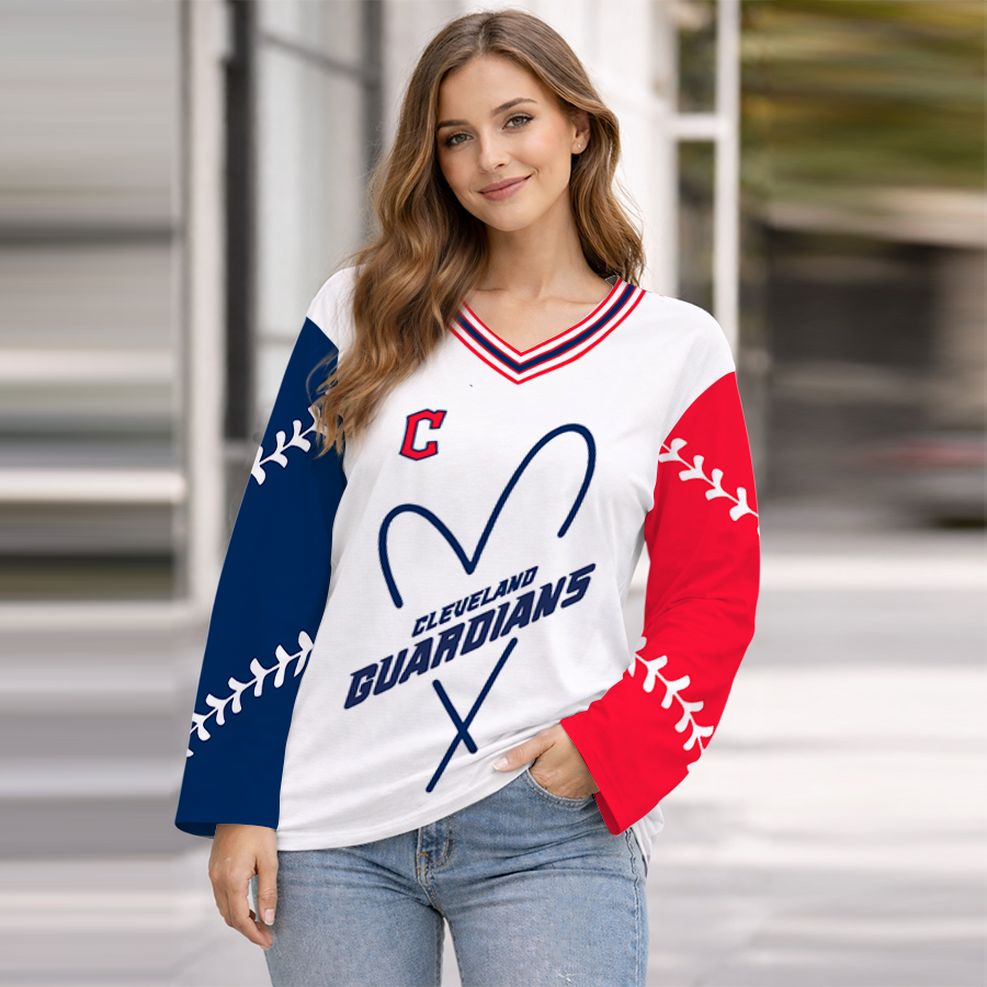 LIMITED EDITION - NEW CUSTOMIZED MLB13 CGS CLEVELAND GUARDIANS WOMEN'S HEART V-NECK LONG SLEEVE SHIRT