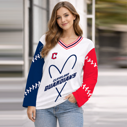 LIMITED EDITION - NEW CUSTOMIZED MLB13 CGS CLEVELAND GUARDIANS WOMEN'S HEART V-NECK LONG SLEEVE SHIRT