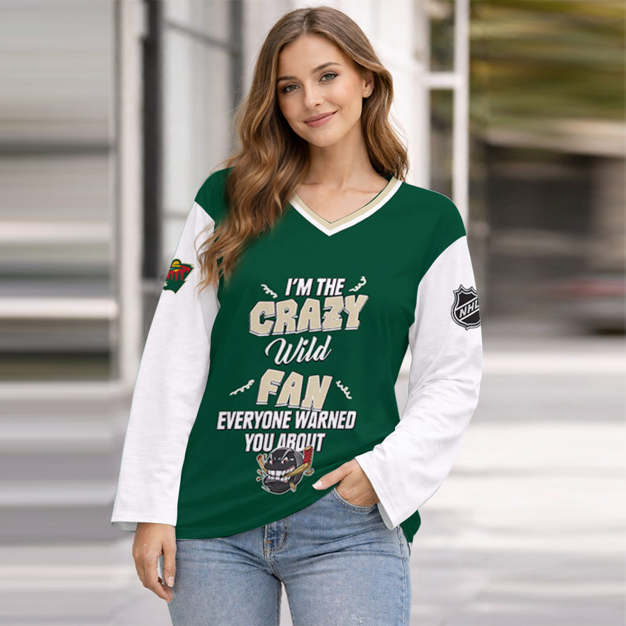 LIMITED EDITION - NEW CUSTOMIZED NHL13 MNW MINNESOTA WILD WOMEN'S HEART V-NECK LONG SLEEVE SHIRT