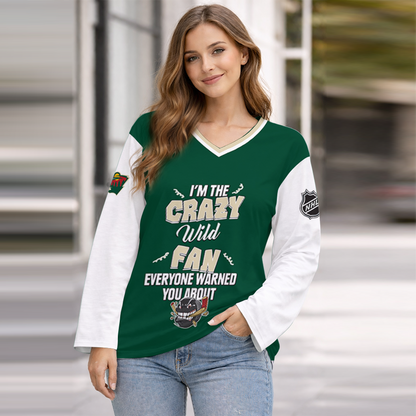 LIMITED EDITION - NEW CUSTOMIZED NHL13 MNW MINNESOTA WILD WOMEN'S HEART V-NECK LONG SLEEVE SHIRT