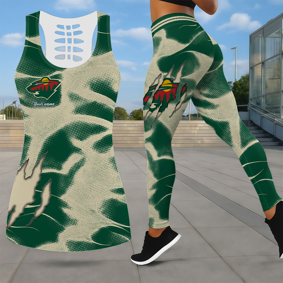 LIMITED EDITION - NEW CUSTOMIZED NHL13 MNW MINNESOTA WILD LEGGINGS & HOLLOW TANK TOP SET