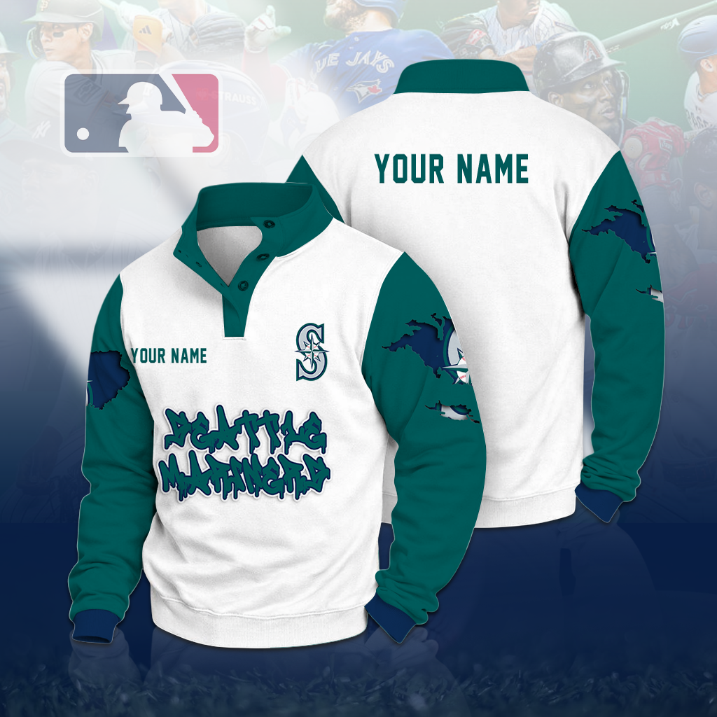 LIMITED EDITION - NEW CUSTOMIZED MLB14 SMS SEATTLE MARINERS BUTTON QUARTER PLACKET SWEATSHIRT