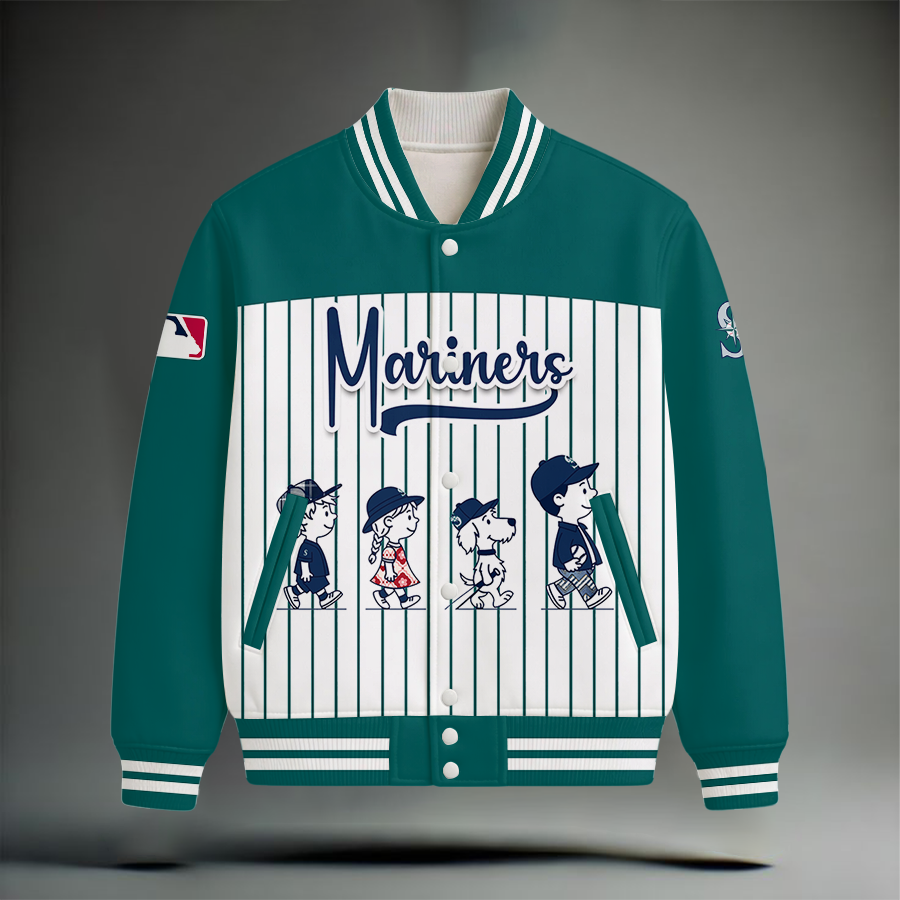 LIMITED EDITION - NEW CUSTOMIZED MLB14 SMS SEATTLE MARINERS SNOOPY STYLE SATIN VARSITY & BASEBALL JACKET