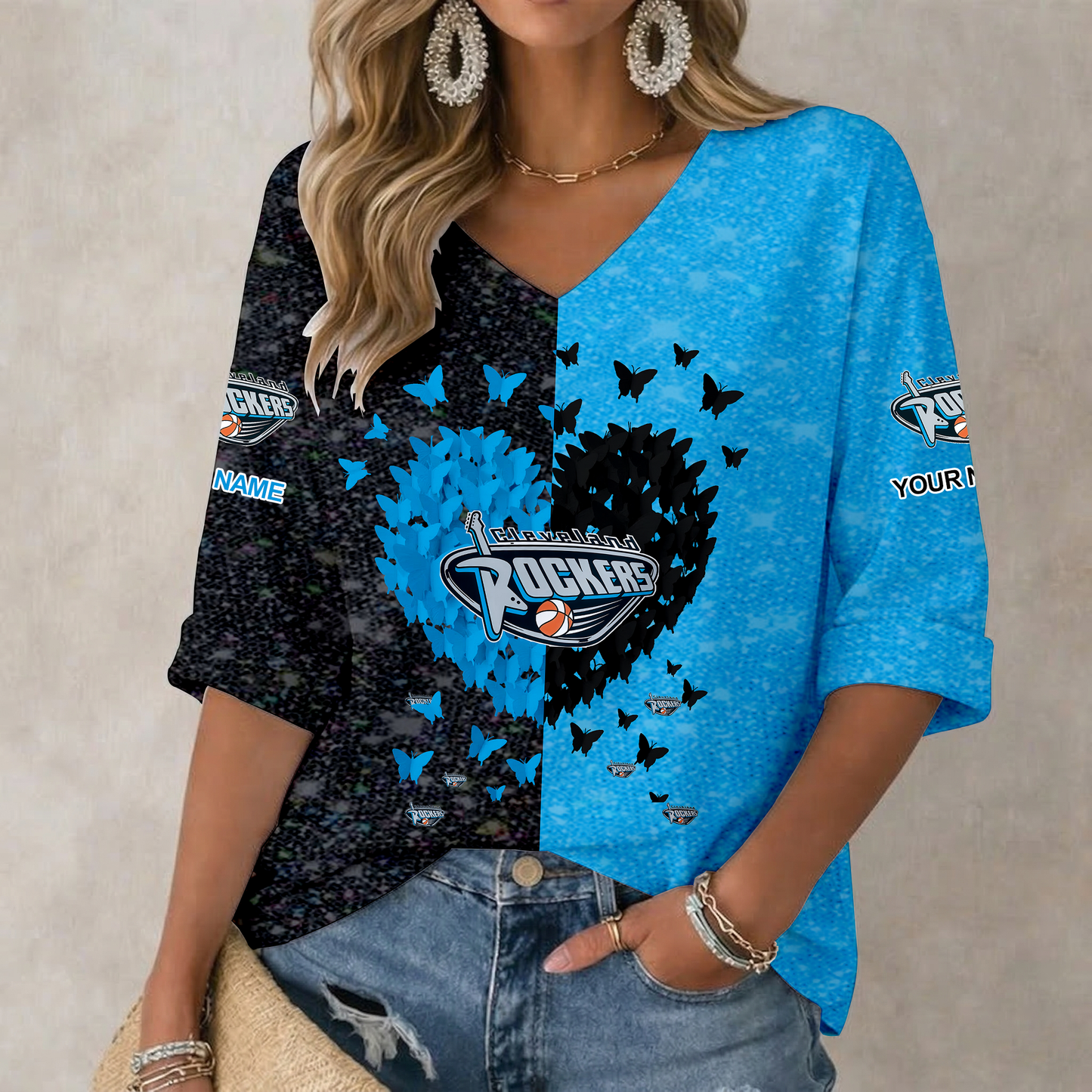 LIMITED EDITION - NEW CUSTOMIZED WNBA14 CLR CL ROCKERS  WOMEN'S HEART V-NECK LONG SLEEVE SHIRT
