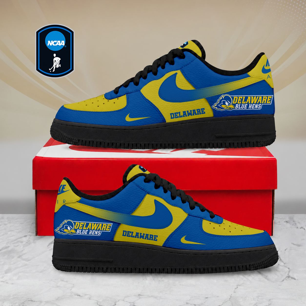 LIMITED EDITION - NEW CUSTOMIZED NCAA CFH14 DFH DELAWARE FIGHTIN' BLUE HENS AF1 SHOES
