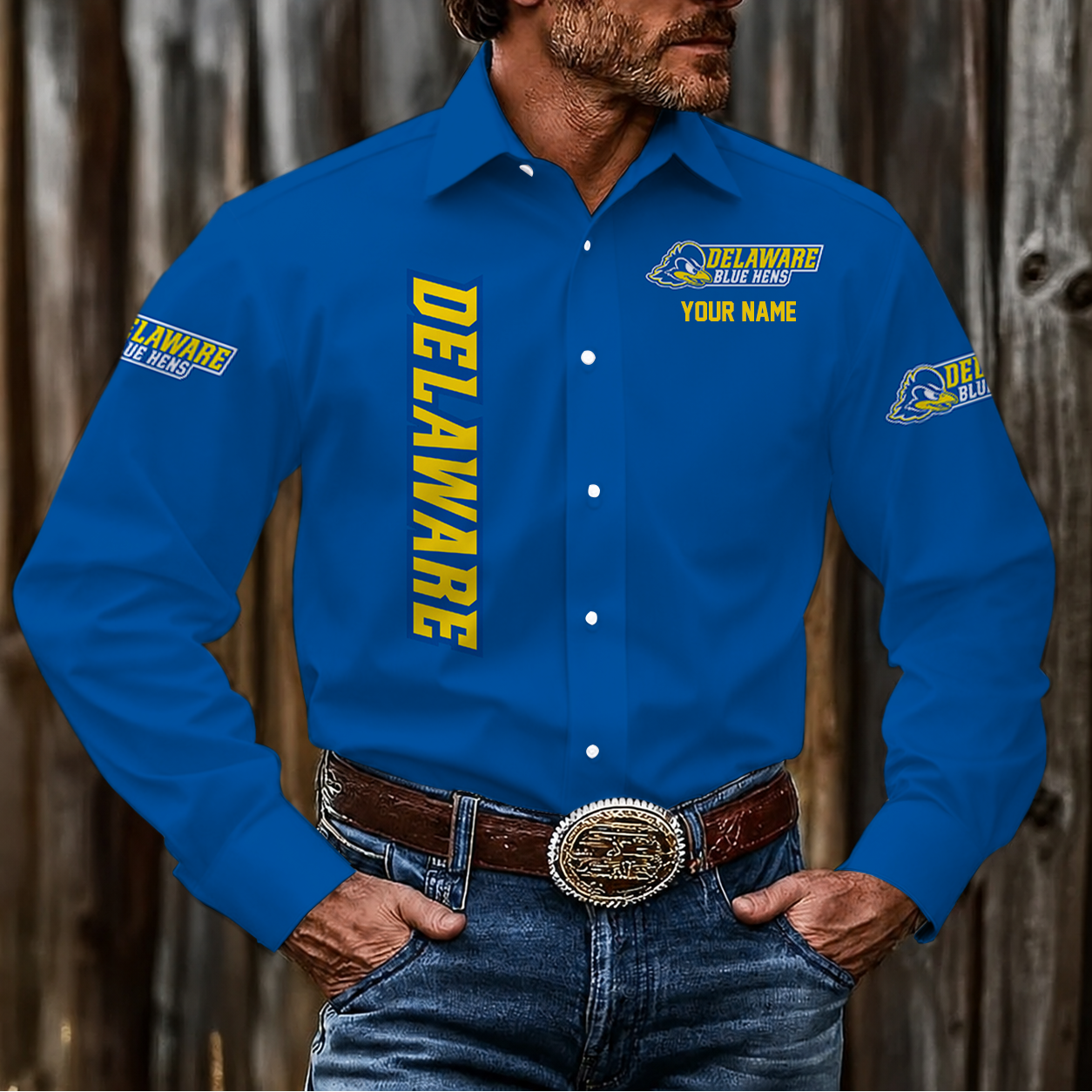 EXCLUSIVE EDITION - NEW CUSTOMIZED NCAA CFH14 DFH DELAWARE FIGHTIN' BLUE HENS MEN'S LONG SLEEVE BUTTON-UP SHIRT