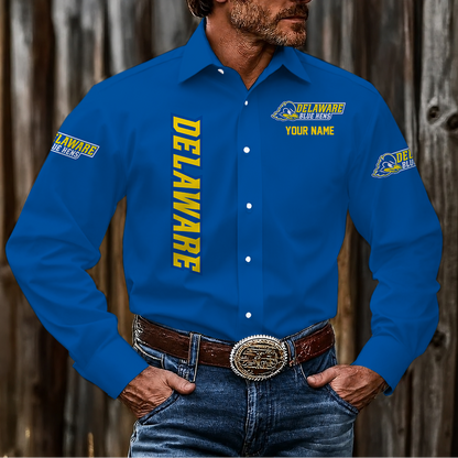 EXCLUSIVE EDITION - NEW CUSTOMIZED NCAA CFH14 DFH DELAWARE FIGHTIN' BLUE HENS MEN'S LONG SLEEVE BUTTON-UP SHIRT