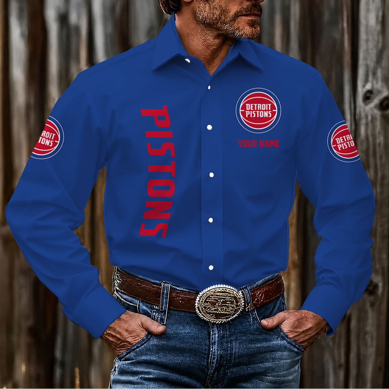 LIMITED EDITION - NEW CUSTOMIZED NBA14 DPI DETROIT PISTONS MEN'S LONG SLEEVE BUTTON-UP SHIRT
