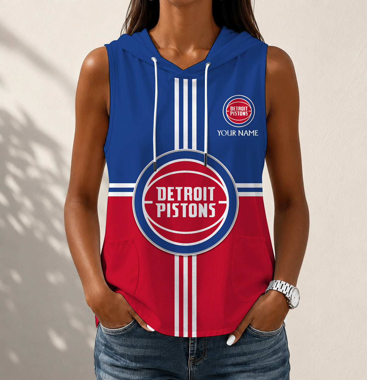 LIMITED EDITION - NEW CUSTOMIZED NBA14 DPI DETROIT PISTONS WOMEN'S SLEEVELESS HOODED POCKET TANK TOP