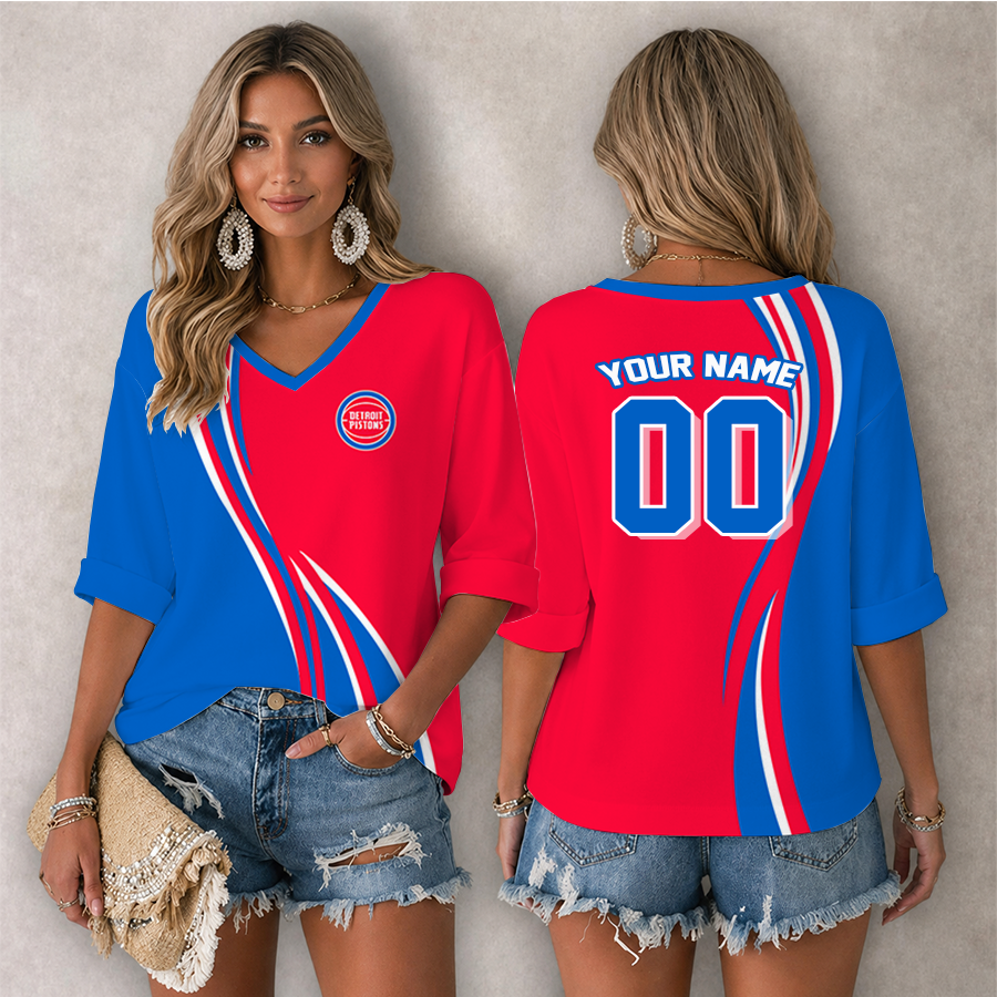 LIMITED EDITION - NEW CUSTOMIZED NBA14 DPI DETROIT PISTONS WOMEN'S HEART V-NECK LONG SLEEVE SHIRT